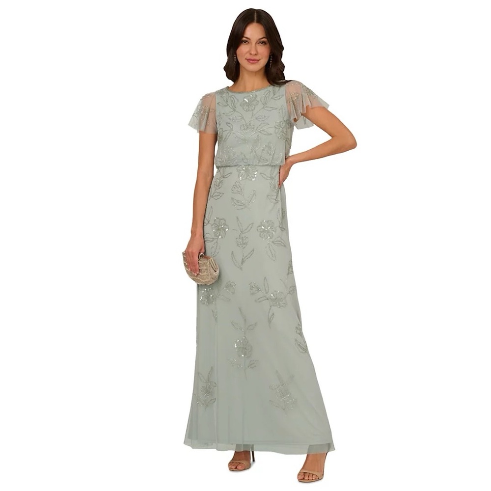 Adrianna Papell Green Embellished Maxi Gown with Flutter Cap Sleeves